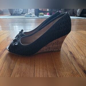 Report Black Lace Peep-Toe Wedge Heels with Cork Platform